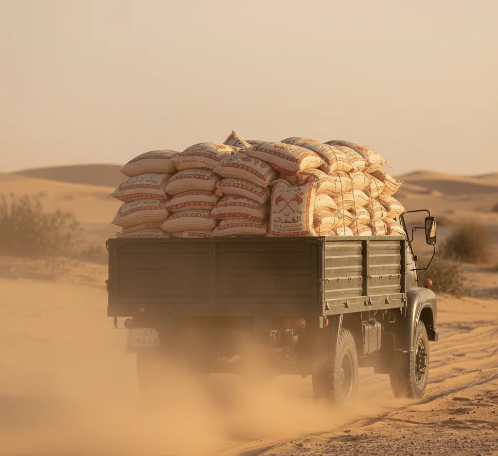 Vrachtwagen met levensmiddelen onderweg vanuit het Midden-Oosten