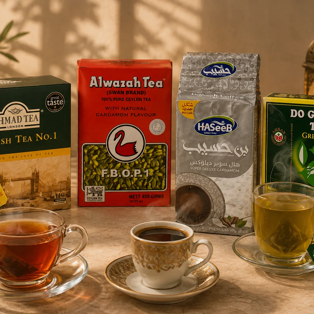 Ahmad Tea, thee van Alwazah, koffie van Haseeb en groene thee van Do Ghazal met gevulde glazen en kopjes