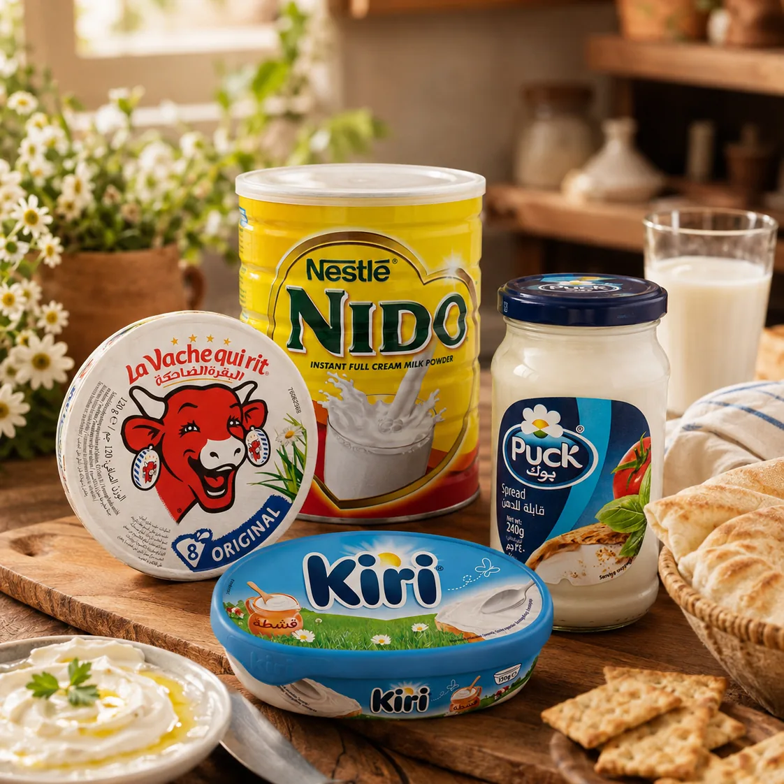 Nido melkpoeder, La Vache qui rit, Kiri en Puck met een glas melk en vers brood
