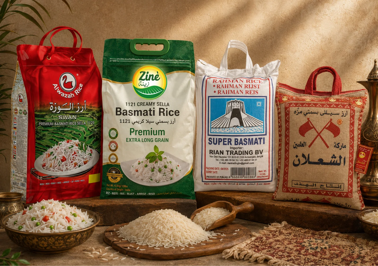 Basmati van Alwazah, Zinè, Rahman en Al Shalan met een schaal gekookte rijst